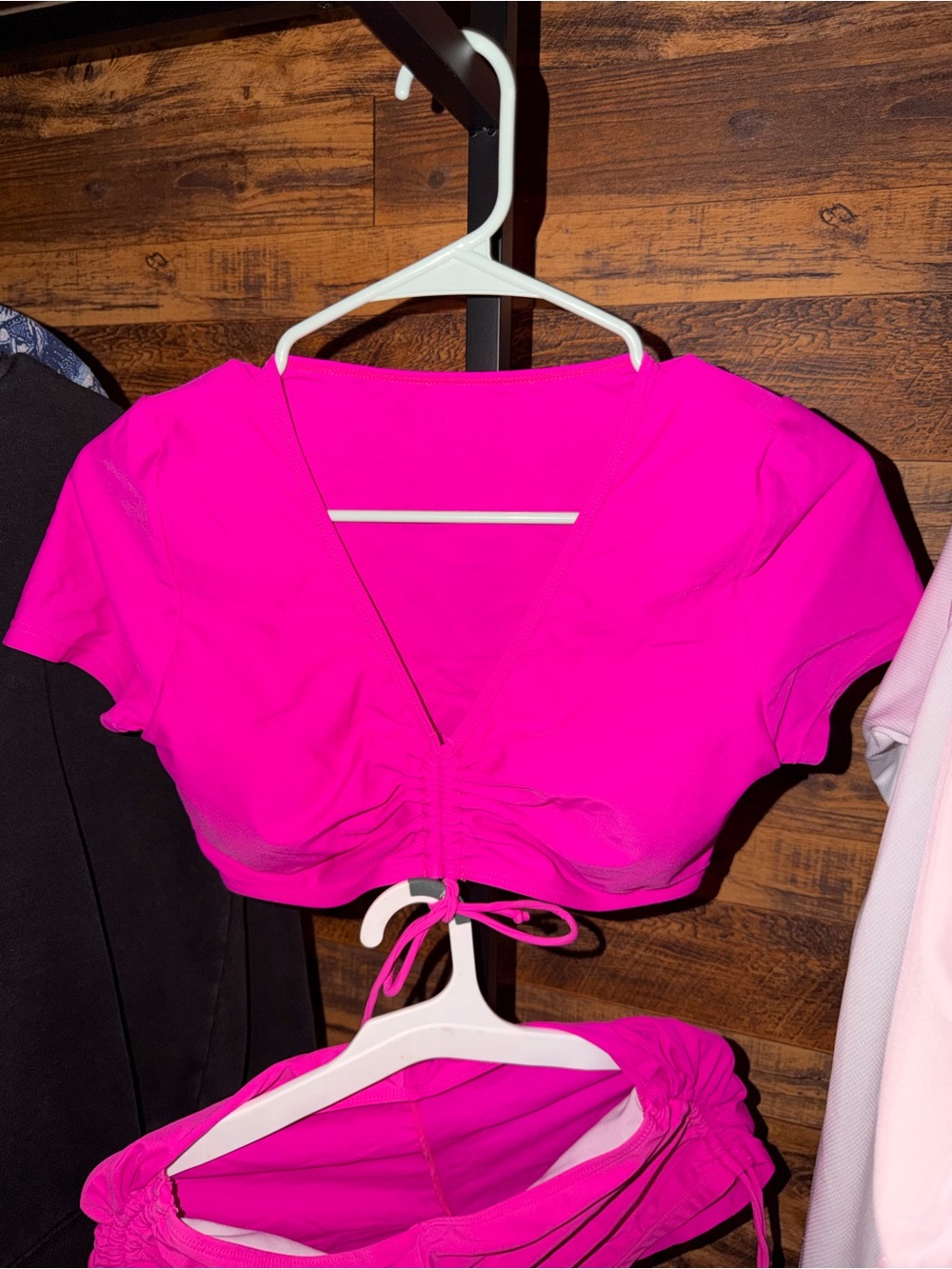 SHEIN Bright Pink Ruched V-Neck Swim Crop Top